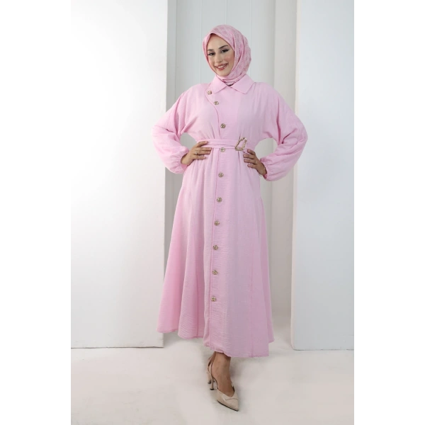 Balon Kollu Düğmeli Elbise 7098 Pembe