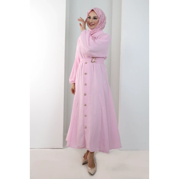 Balon Kollu Düğmeli Elbise 7098 Pembe