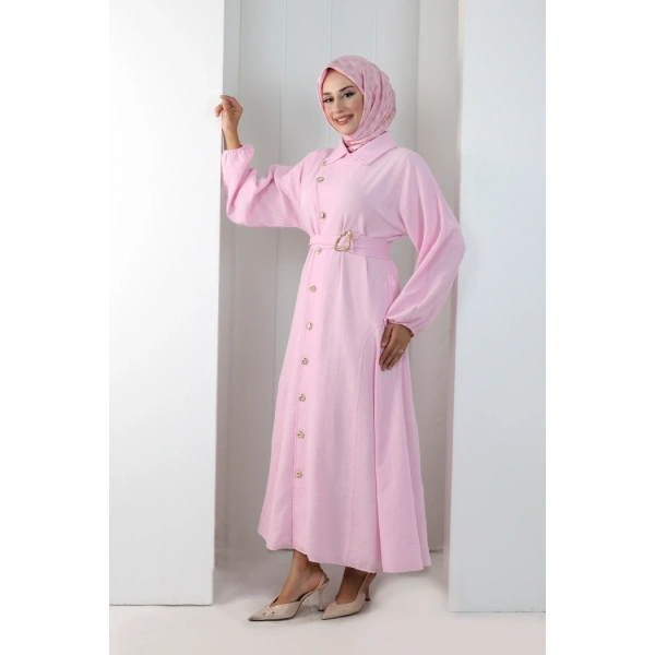 Balon Kollu Düğmeli Elbise 7098 Pembe
