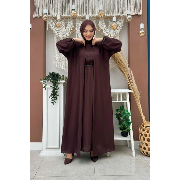 Bel Bilek Kısımları Taşlı Elbiseli Abaya Takım 8490 Kahverengi