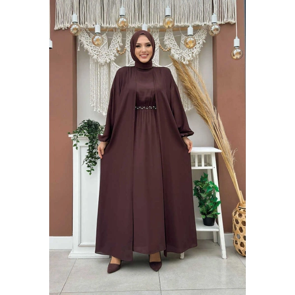 Bel Bilek Kısımları Taşlı Elbiseli Abaya Takım 8490 Kahverengi