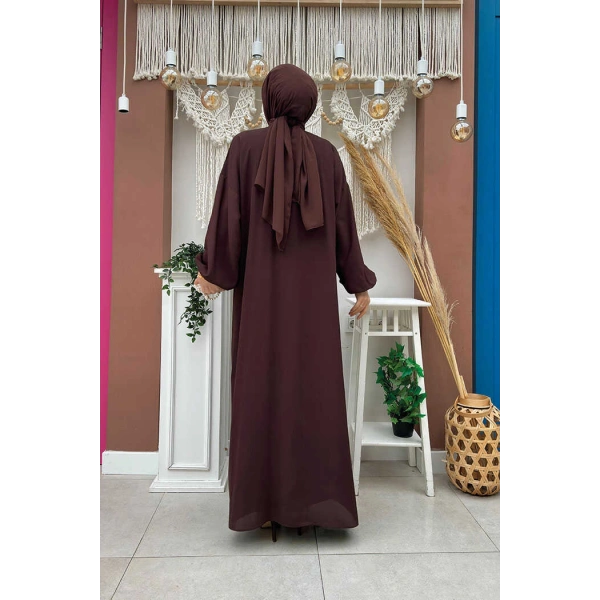 Bel Bilek Kısımları Taşlı Elbiseli Abaya Takım 8490 Kahverengi