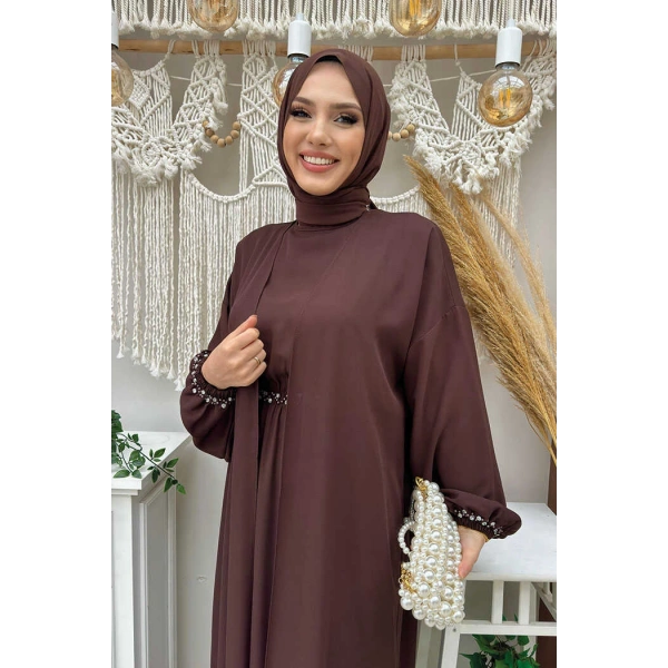 Bel Bilek Kısımları Taşlı Elbiseli Abaya Takım 8490 Kahverengi