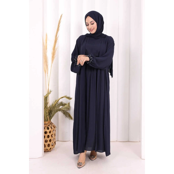 Bel Bilek Kısımları Taşlı Elbiseli Abaya Takım 8490 Lacivert