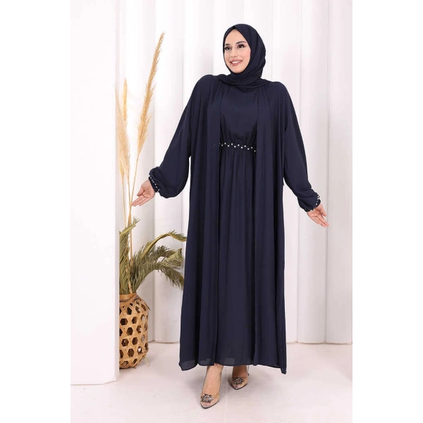Bel Bilek Kısımları Taşlı Elbiseli Abaya Takım 8490 Lacivert
