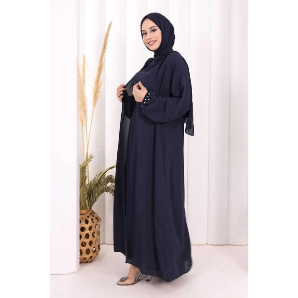 Bel Bilek Kısımları Taşlı Elbiseli Abaya Takım 8490 Lacivert
