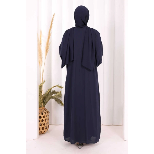 Bel Bilek Kısımları Taşlı Elbiseli Abaya Takım 8490 Lacivert