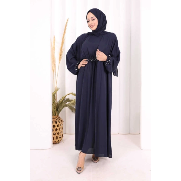 Bel Bilek Kısımları Taşlı Elbiseli Abaya Takım 8490 Lacivert
