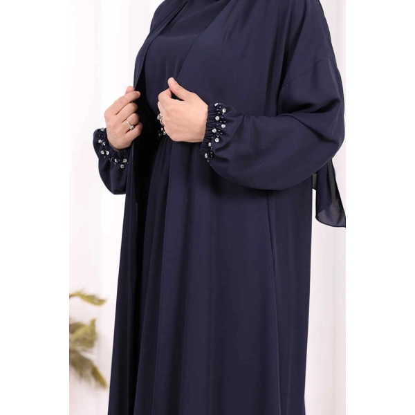 Bel Bilek Kısımları Taşlı Elbiseli Abaya Takım 8490 Lacivert