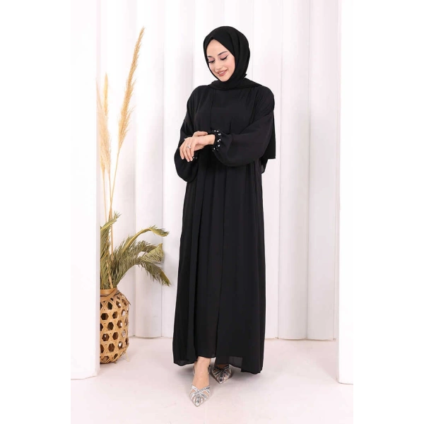 Bel Bilek Kısımları Taşlı Elbiseli Abaya Takım 8490 Siyah
