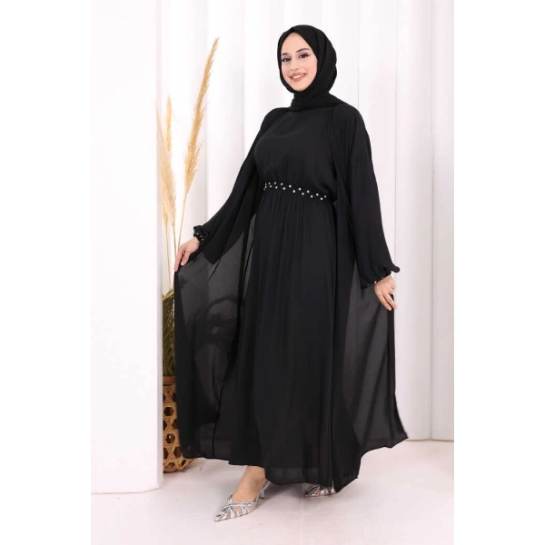Bel Bilek Kısımları Taşlı Elbiseli Abaya Takım 8490 Siyah