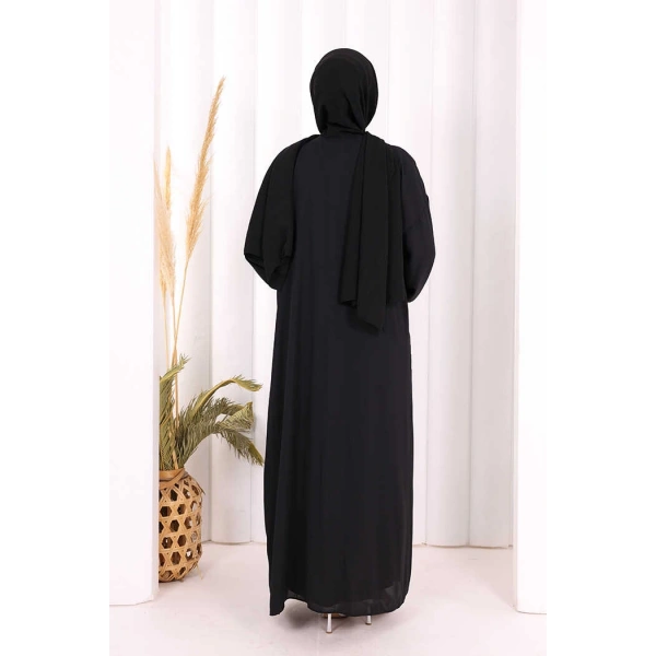 Bel Bilek Kısımları Taşlı Elbiseli Abaya Takım 8490 Siyah
