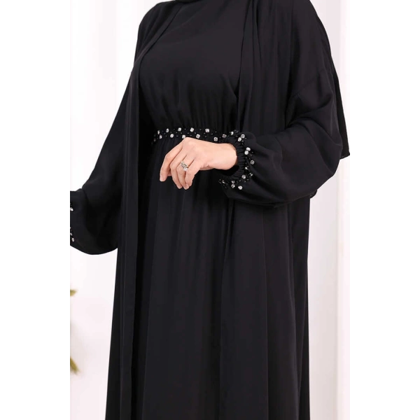 Bel Bilek Kısımları Taşlı Elbiseli Abaya Takım 8490 Siyah