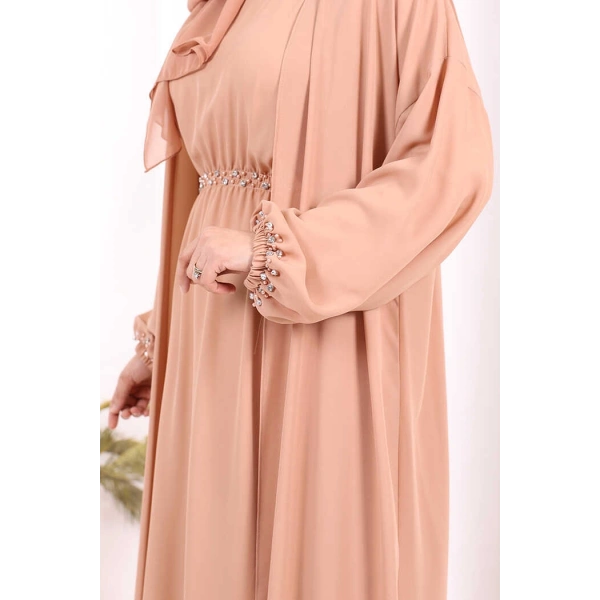 Bel Bilek Kısımları Taşlı Elbiseli Abaya Takım 8490 Somon