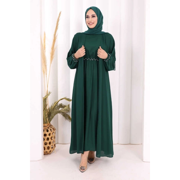 Bel Bilek Kısımları Taşlı Elbiseli Abaya Takım 8490 Zümrüt