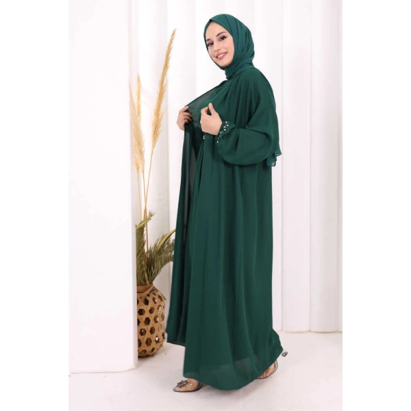 Bel Bilek Kısımları Taşlı Elbiseli Abaya Takım 8490 Zümrüt
