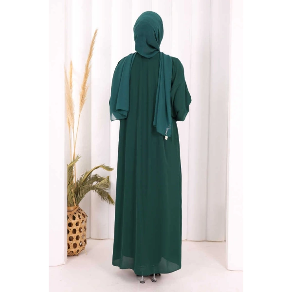 Bel Bilek Kısımları Taşlı Elbiseli Abaya Takım 8490 Zümrüt