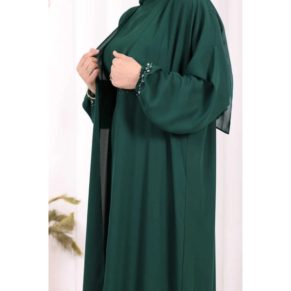 Bel Bilek Kısımları Taşlı Elbiseli Abaya Takım 8490 Zümrüt