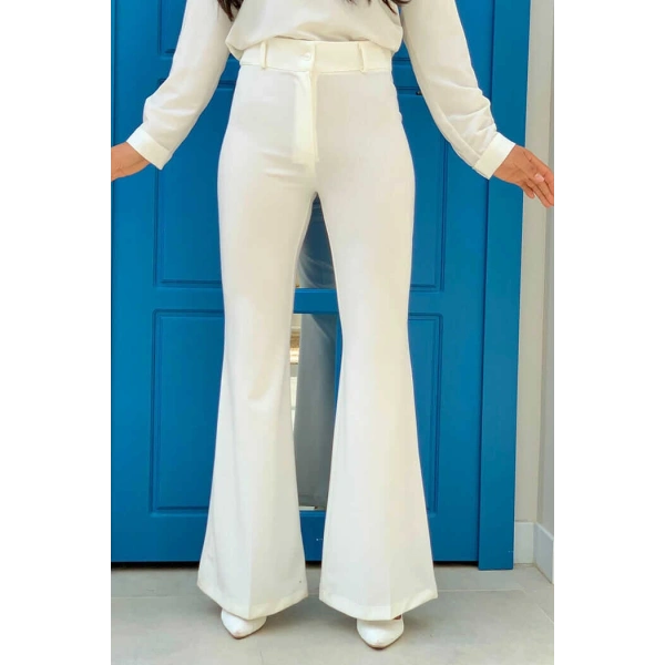 Bel Fermuarlı İspanyolpaça Pantolon 0231 Ekru