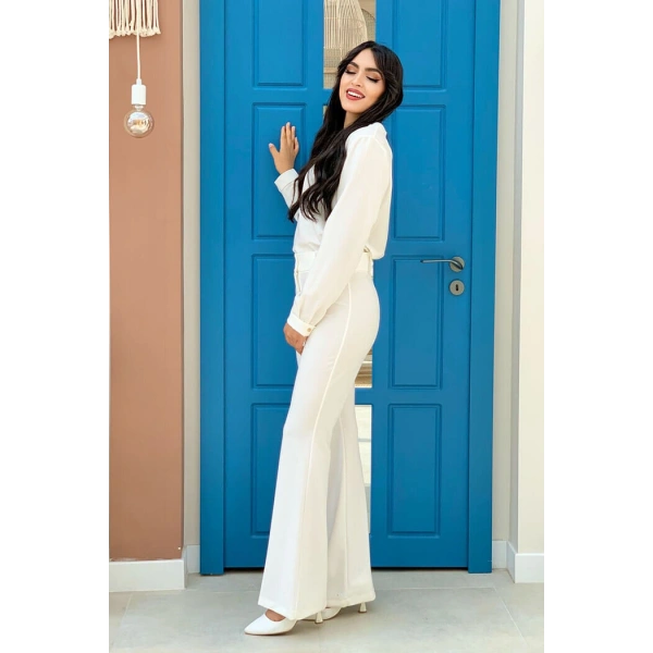 Bel Fermuarlı İspanyolpaça Pantolon 0231 Ekru