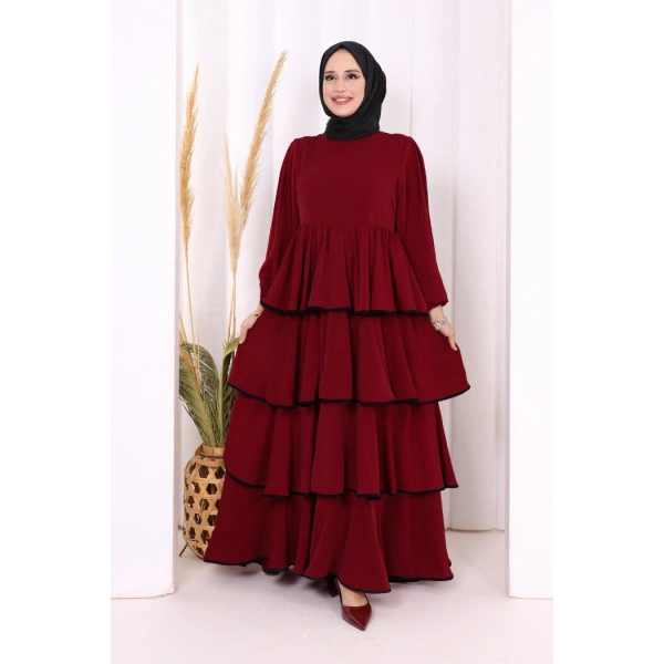 Bel Kuşaklı Kat Detay Elbise 6029 Bordo