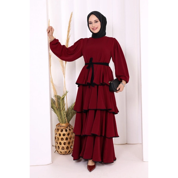 Bel Kuşaklı Kat Detay Elbise 6029 Bordo