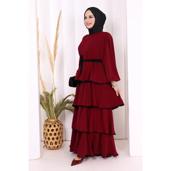 Bel Kuşaklı Kat Detay Elbise 6029 Bordo