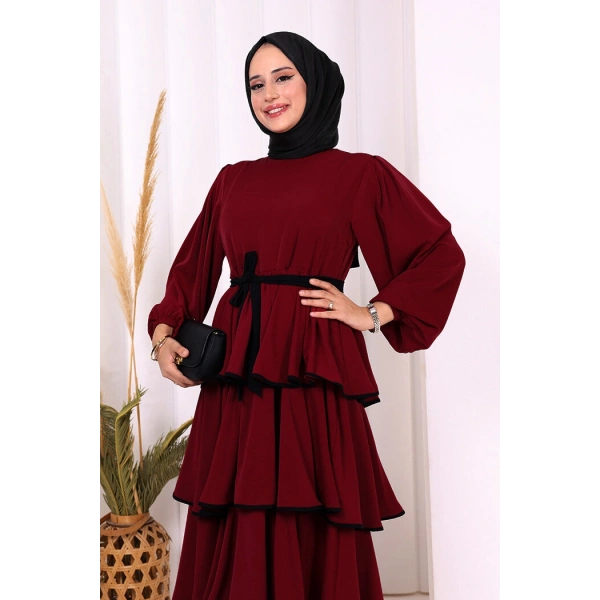 Bel Kuşaklı Kat Detay Elbise 6029 Bordo