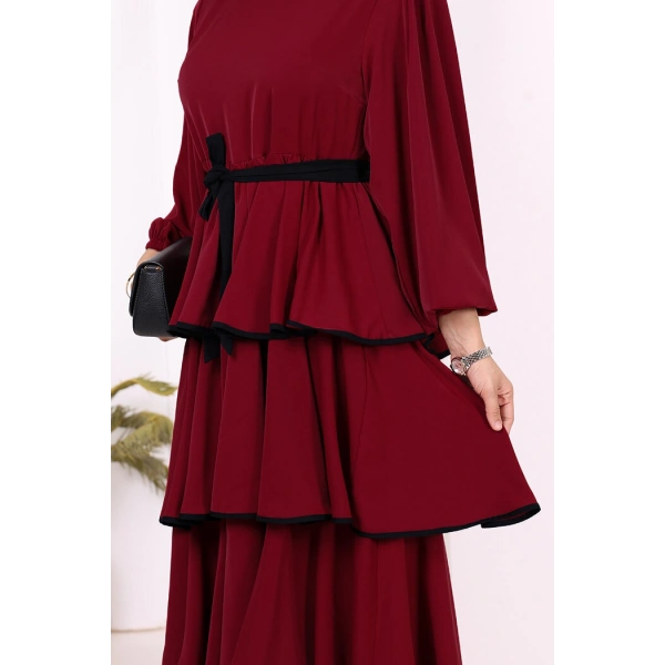 Bel Kuşaklı Kat Detay Elbise 6029 Bordo