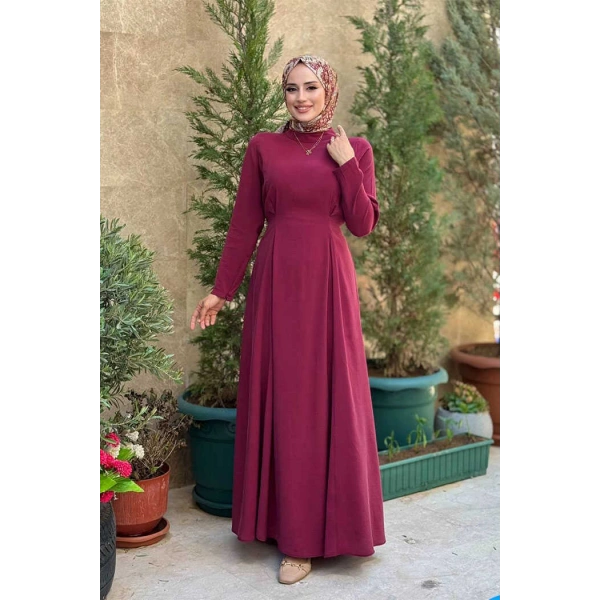 Bel Kuşaklı Kol Fermuar Detaylı Elbise 6041 Bordo