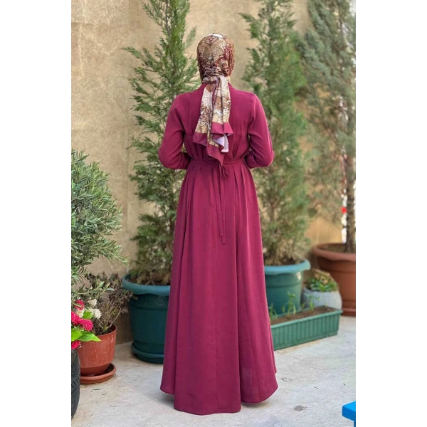 Bel Kuşaklı Kol Fermuar Detaylı Elbise 6041 Bordo