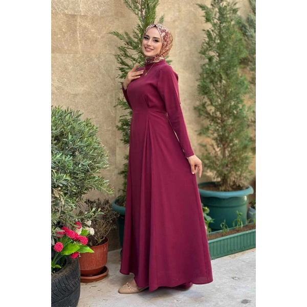 Bel Kuşaklı Kol Fermuar Detaylı Elbise 6041 Bordo