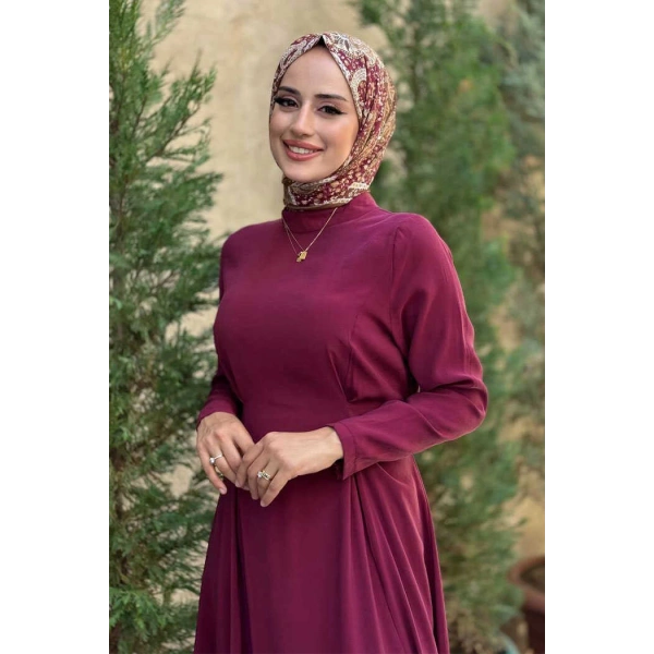 Bel Kuşaklı Kol Fermuar Detaylı Elbise 6041 Bordo