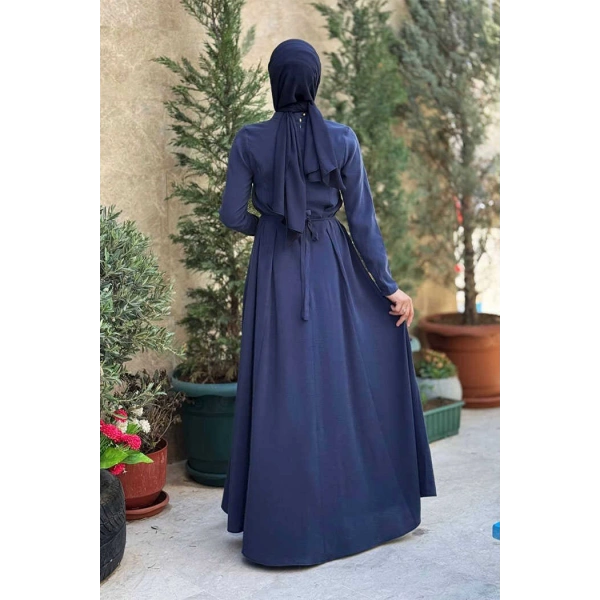 Bel Kuşaklı Kol Fermuar Detaylı Elbise 6041 Lacivert