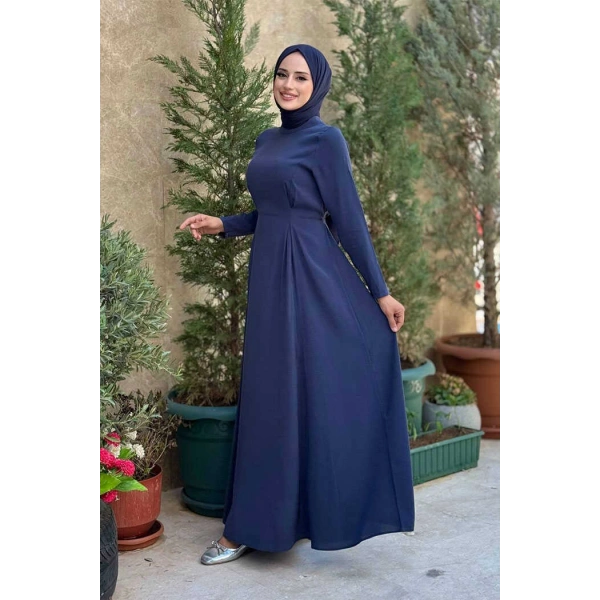 Bel Kuşaklı Kol Fermuar Detaylı Elbise 6041 Lacivert