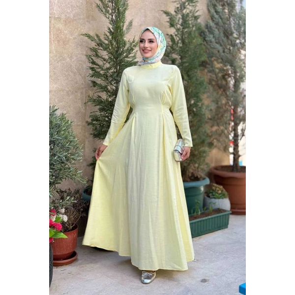 Bel Kuşaklı Kol Fermuar Detaylı Elbise 6041 Sarı