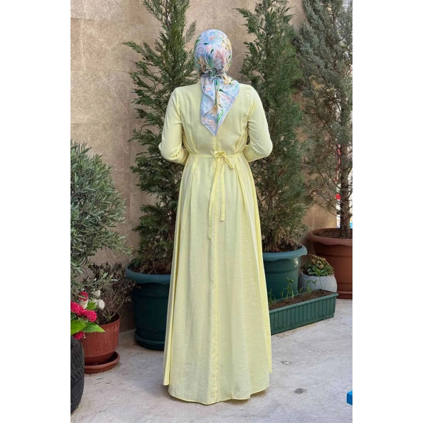 Bel Kuşaklı Kol Fermuar Detaylı Elbise 6041 Sarı