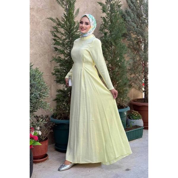 Bel Kuşaklı Kol Fermuar Detaylı Elbise 6041 Sarı