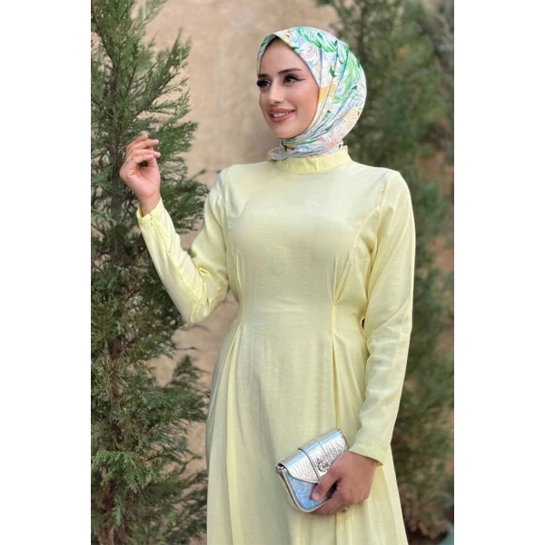 Bel Kuşaklı Kol Fermuar Detaylı Elbise 6041 Sarı