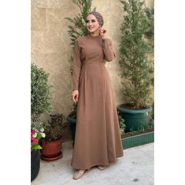 Bel Kuşaklı Kol Fermuar Detaylı Elbise 6041 Taba