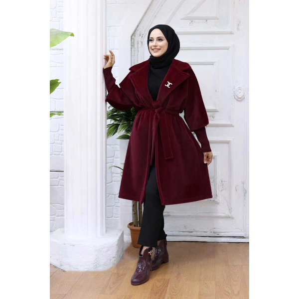 Bel Kuşaklı Yaka Taş Broş Detaylı Kaban 7874 Bordo
