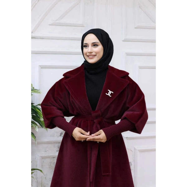 Bel Kuşaklı Yaka Taş Broş Detaylı Kaban 7874 Bordo