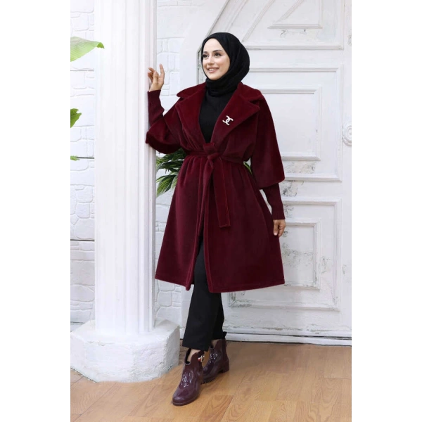 Bel Kuşaklı Yaka Taş Broş Detaylı Kaban 7874 Bordo