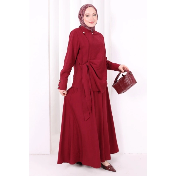 Belden Bağlamalı Bluz Etek Takım 8703 Bordo