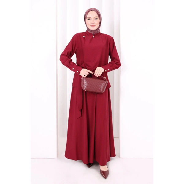 Belden Bağlamalı Bluz Etek Takım 8703 Bordo