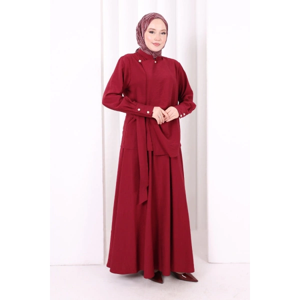 Belden Bağlamalı Bluz Etek Takım 8703 Bordo