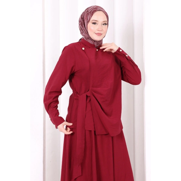 Belden Bağlamalı Bluz Etek Takım 8703 Bordo