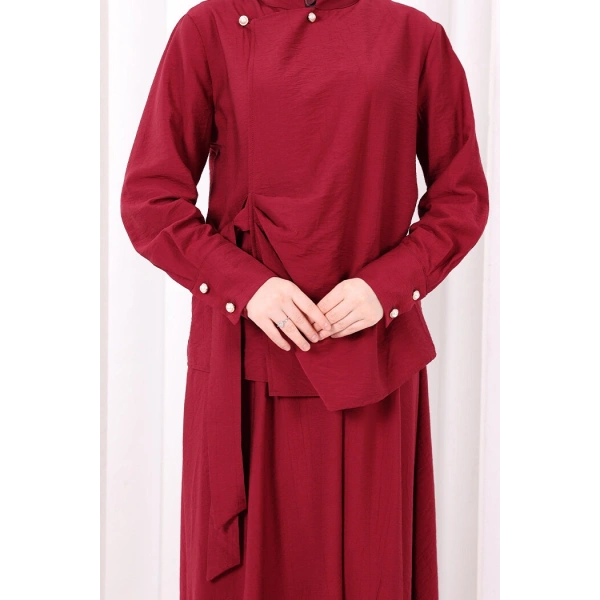 Belden Bağlamalı Bluz Etek Takım 8703 Bordo