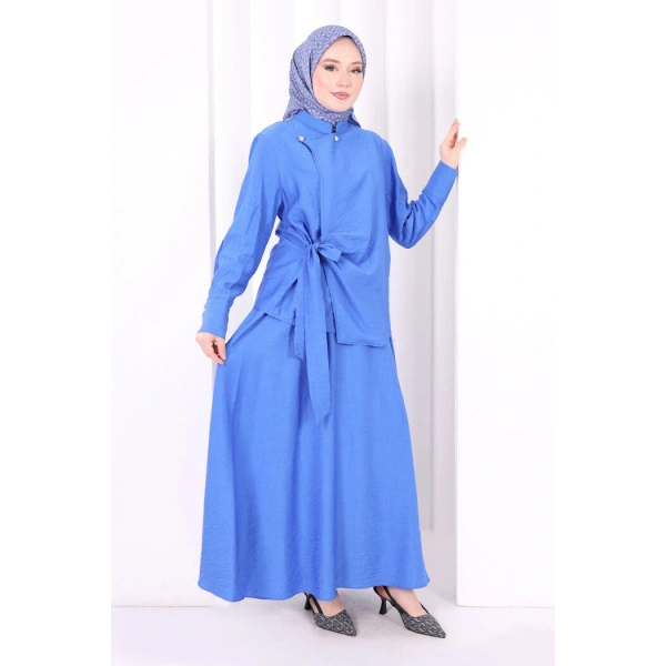 Belden Bağlamalı Bluz Etek Takım 8703 Saks