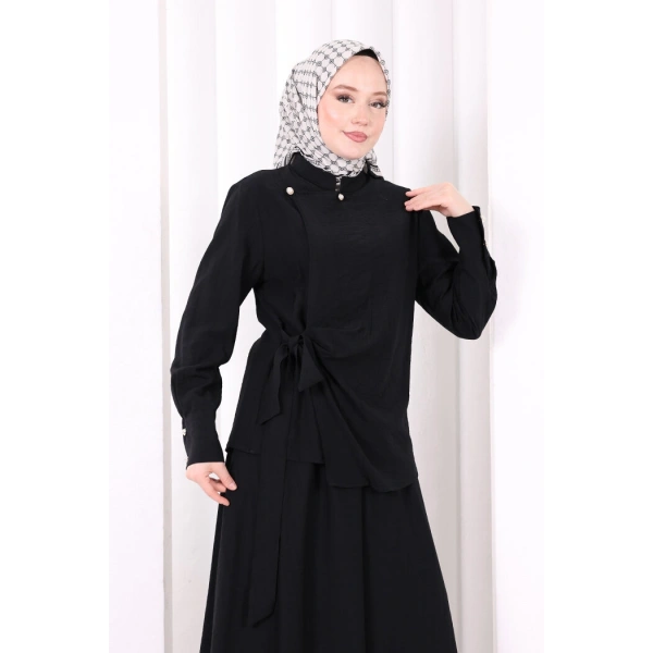 Belden Bağlamalı Bluz Etek Takım 8703 Siyah